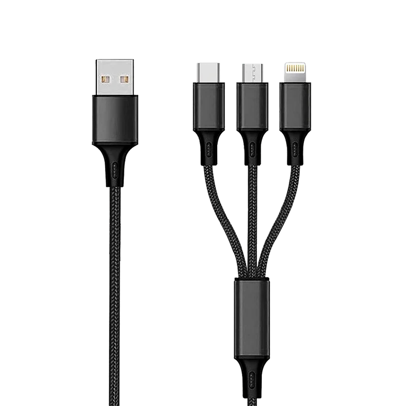 3 in 1 USB Ladekabel - USB A auf Micro-USB / 8-Pin (Lightning) / USB Type-C - 300 cm - schwarz