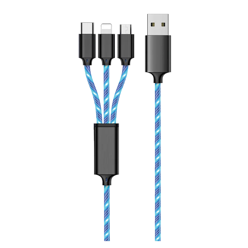 3 in 1 USB LED Kabel - USB A auf Micro-USB / 8-Pin (Lightning) / USB Type-C - 100 cm - transparent mit blauem LED-Lauflicht