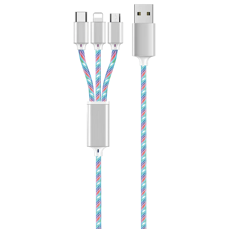 3 in 1 USB LED Kabel - USB A auf Micro-USB / 8-Pin (Lightning) / USB Type-C - 100 cm - multicolor