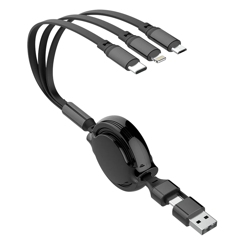 5 in 1 USB Ladekabel mit Aufroll-Automatik - USB A / USB Type-C auf Micro-USB / 8-Pin (Lightning) / USB Type-C - 20 cm bis 100 cm variabel - schwarz