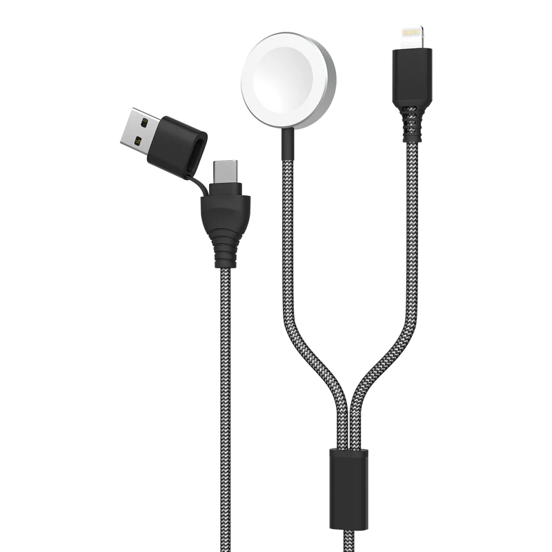 2 in 1 USB A / USB Type-C Ladekabel - 8-Pin (Lightning) & Wireless Pad für Watch - 180 cm - grau