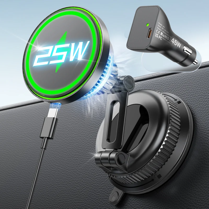 YOSH 25W for Magsafe Car Mount Charger, Car Phone Holder with 45W Adapter | Wireless Car Charger with Cooling Fan, Fast Charging for iPhone 17 Pro Max, for iPhone 17-12, Samsung S26, Pixel