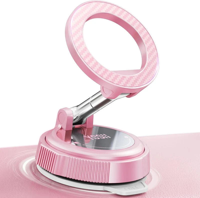 YOSH Pink Vacuum Car Phone Holder for Magsafe, Foldable Magnetic Phone Mount with 360° Adjustable Arm for Video Recording, Content Creation & Car Use, for iPhone Samsung Pixel