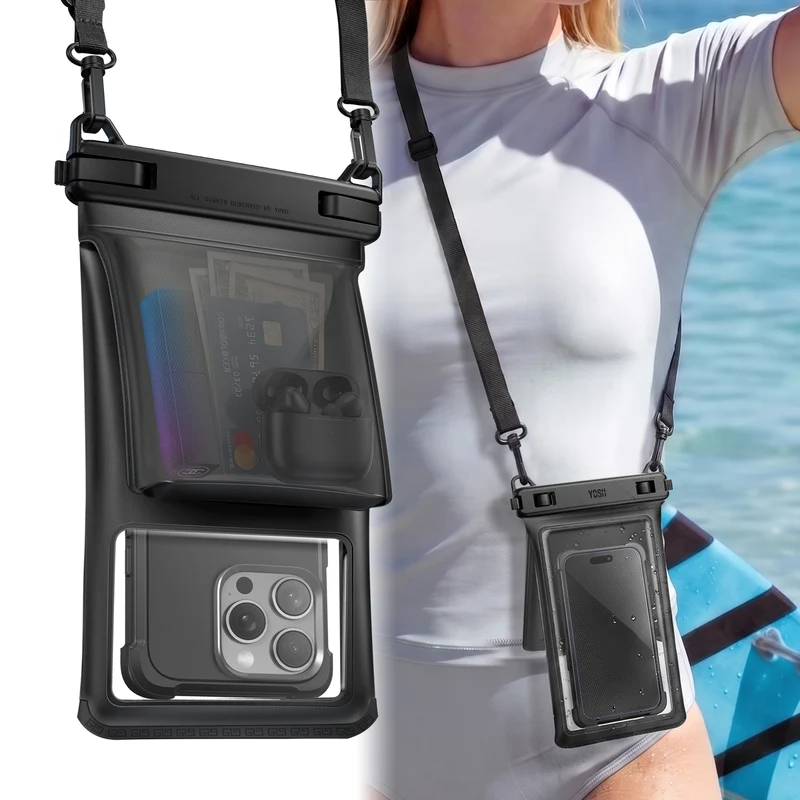 YOSH Waterproof Phone Pouch [2026 3D Double Space][1 Pack], IPX8 Crossbody Waterproof Phone Case for Swimming Travel Holiday, Underwater Case for iPhone 17 16 Pro Max Samsung S26 S25 Ultra Up to 7.5"