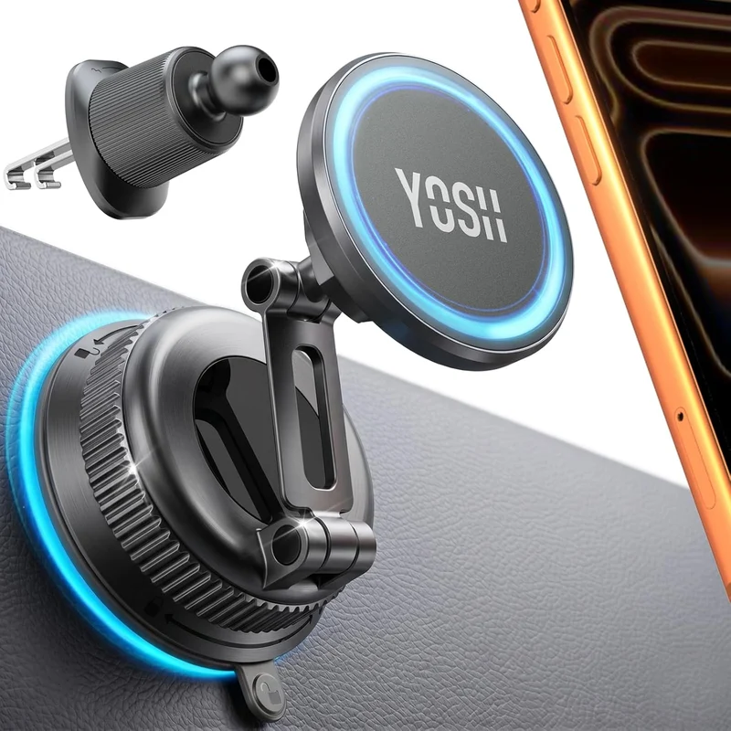 YOSH Magsafe Car Mount, 3 in 1 Vacuum Magnetic Phone Holder for Cars [Extendable Double Metal Hook & 300N Super Vacuum], for Vent & Dashboard & Windscreen, 22×N56 Magnets for iPhone Samsung Pixel