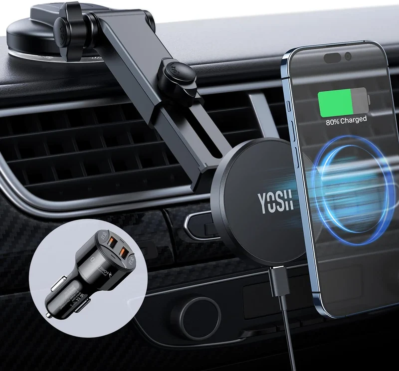 YOSH MagSafe Car Charger Mount Dashboard, Magnetic Fast Charging iPhone Wireless Car Charger Mount, Magnet Phone Holder with 36W Car Charger Adapter for iPhone 17/16/15/14/13/12 Series & MagSafe Case