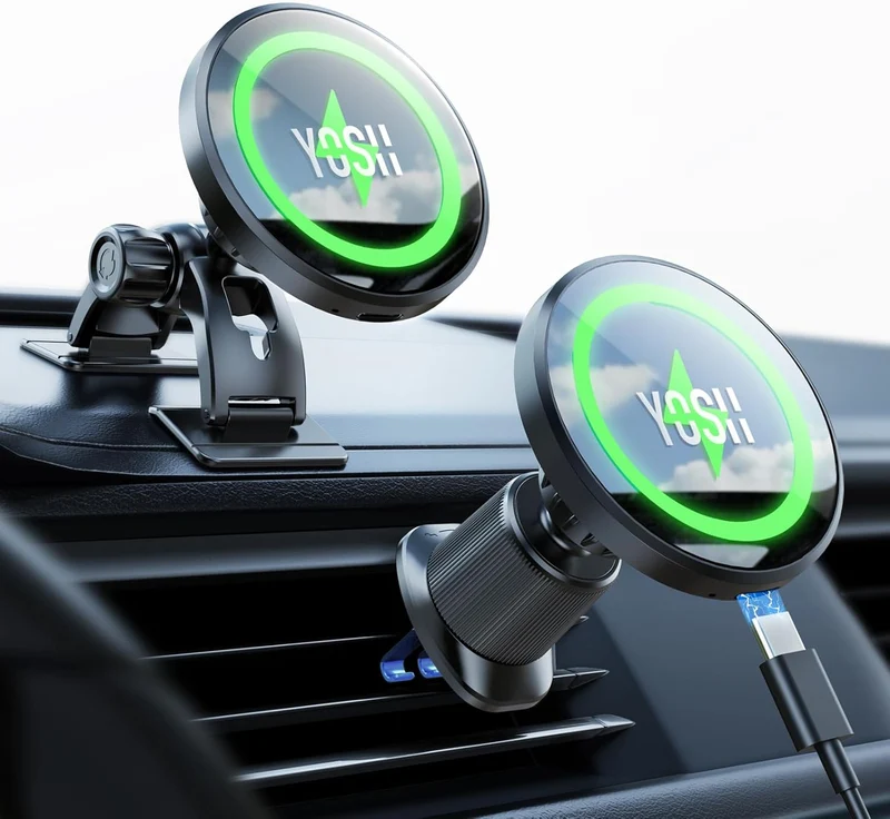 YOSH Magsafe Car Mount Charger, 15W Fast Wireless Magnetic Phone Holder Charger for Dashboard & Vent, [Double Metal Hook & 3M Adhesive Base] for iPhone 17/16/15/14/13/12 Samsung Pixel