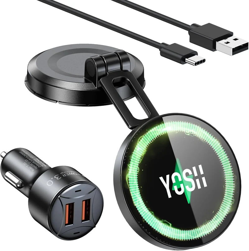 YOSH MagSafe Car Charger Mount, 15W Charging Dashboard Wireless iPhone Car Charger, Magnetic Car Phone Holder with 36W Car Charger for iPhone 17/16/15/14/13/12 Series & All Phones with MagSafe Ring