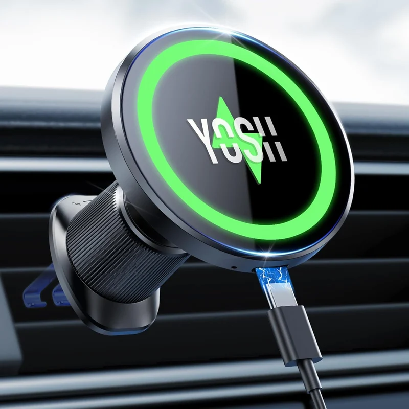 YOSH for MagSafe Car Mount Charger, [Advanced Cooling & 15W Fast Charging] Magnetic Wireless Car Charger with Extendable Metal Double Hook for Air Vent, 22×N56 Magnets for iPhone 17–12 Samsung Pixel
