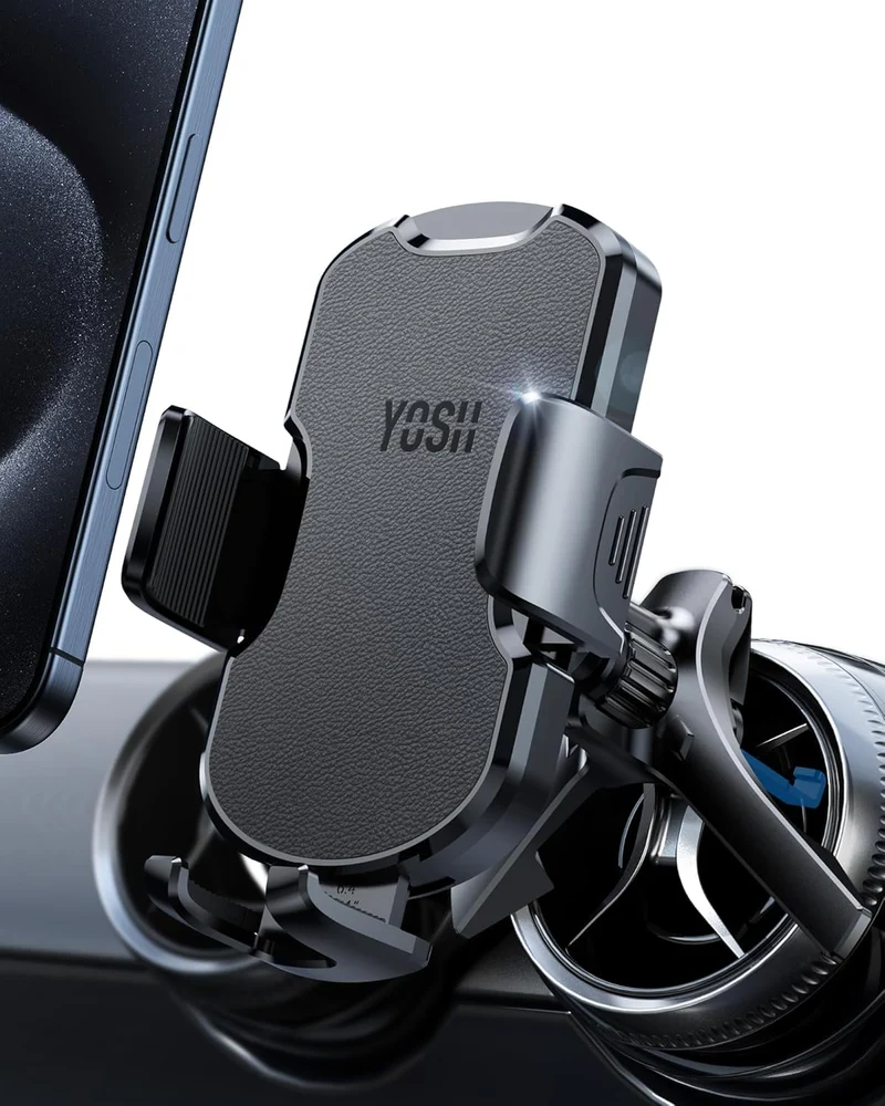 YOSH Mini Cooper Phone Holder for Round Vent, [Leather Surface & Triangle Support] Fits Mini Cooper 2013‑2024, Audi A1/A3, Mercedes Phone Holder, for iPhone Samsung 4.0"- 7.0" Phones