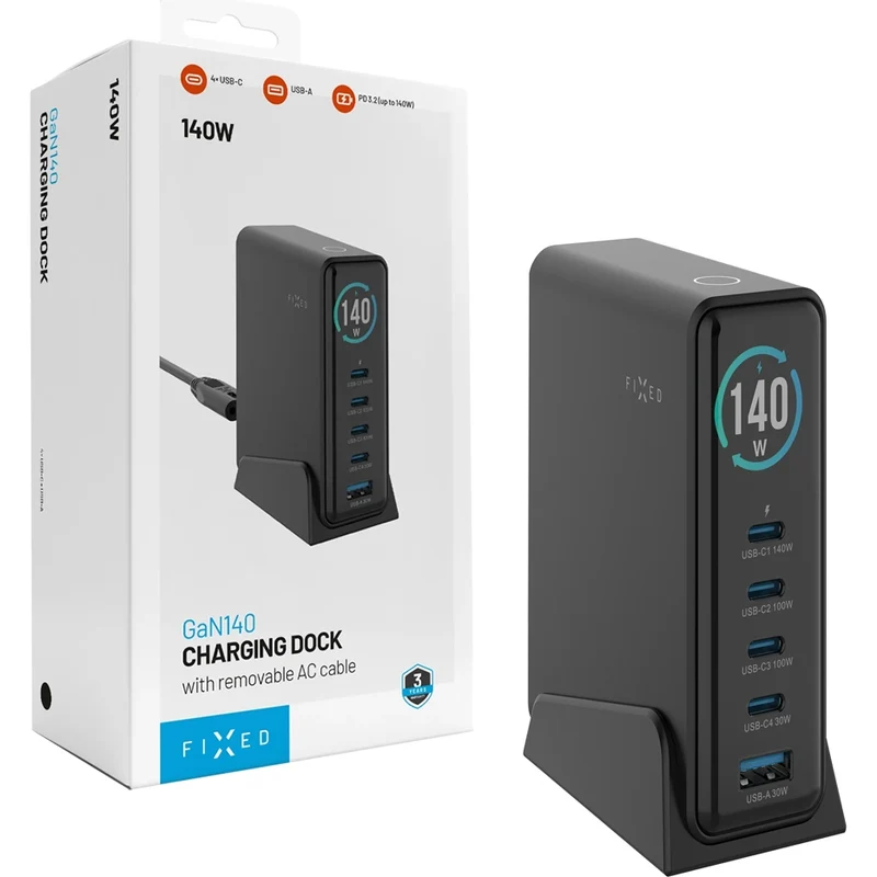 Ladegerät Fixed Charging Dock GaN 140W 4x USB-C, 1x USB-A, Schwarz
