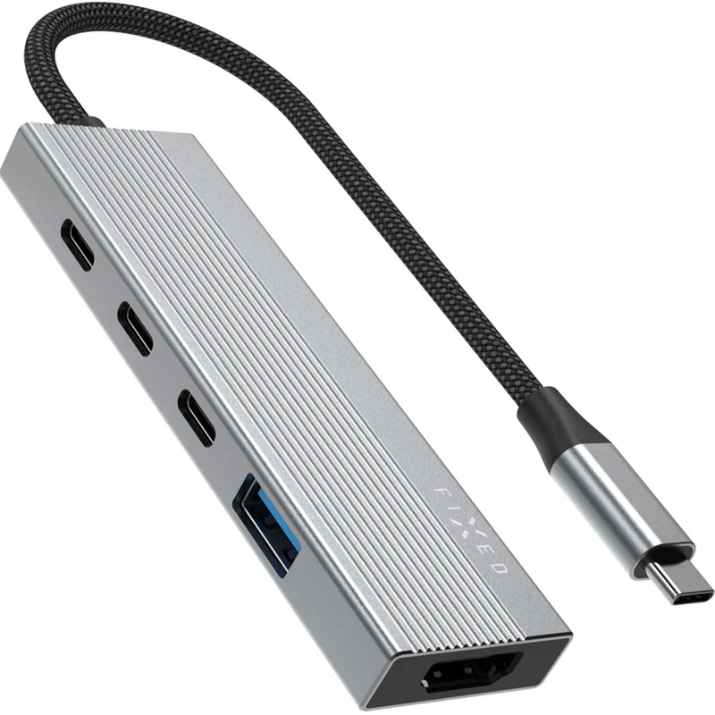 Hub, Adapter USB-C 100W PD 3.0, 2x USB-C 2.0 480 Mbps, USB-A 3.0, HDMI 4K/60Hz, Fixed Core 5in1, Grau
