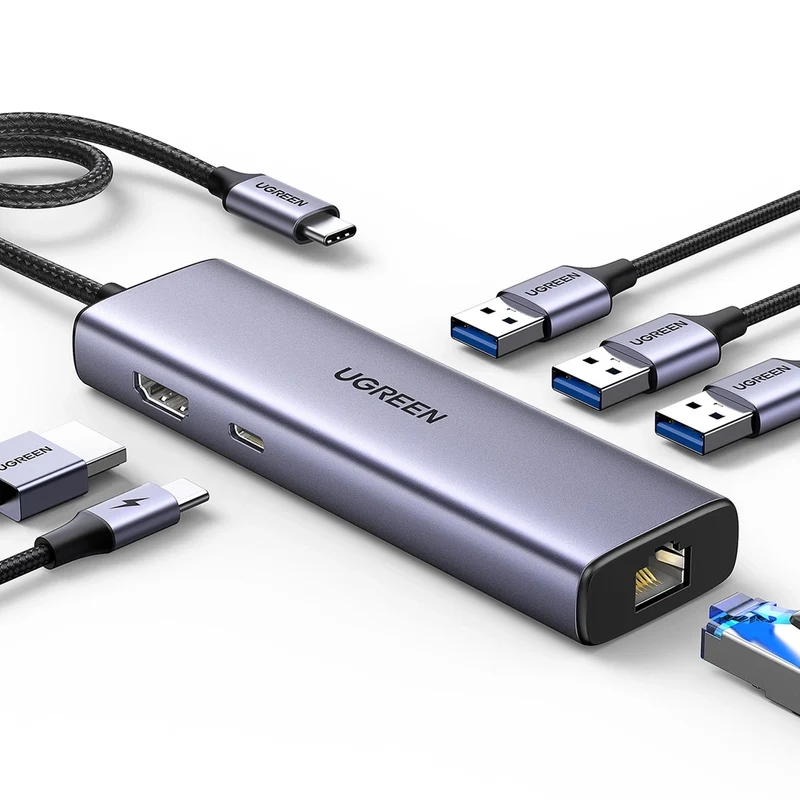 Adapter USB-C 6-in-1, 3x USB-A, HDMI 4K, RJ45, Power Delivery 100 W, Ugreen CM512, Grau