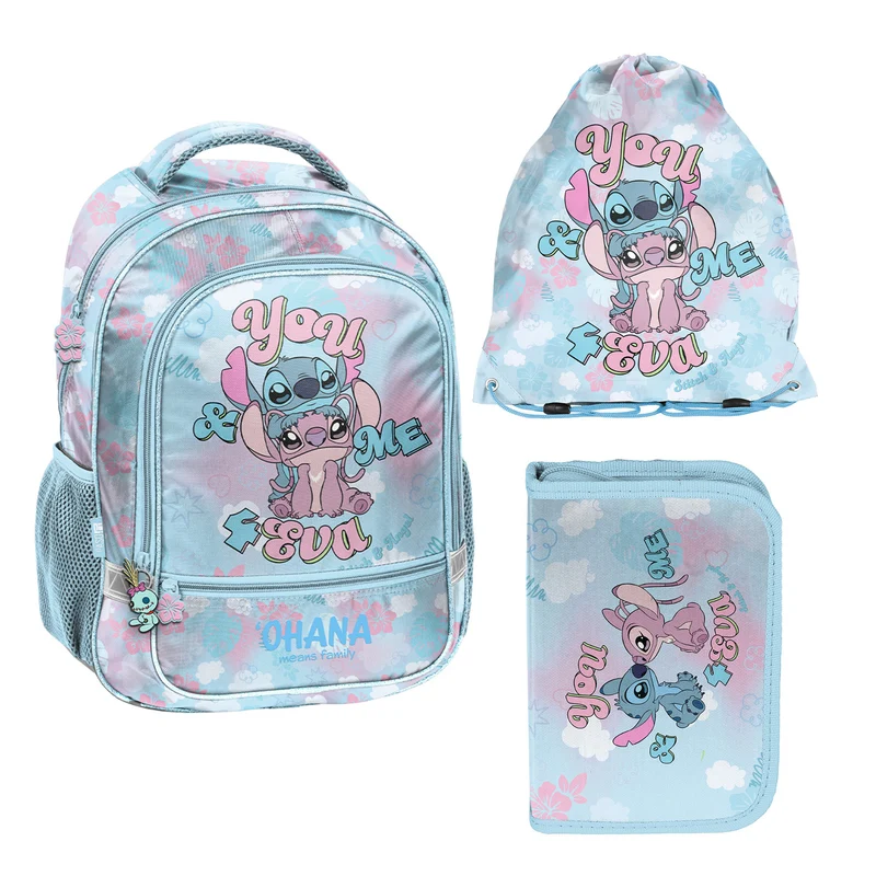 Stitch Paso Schulset, Rucksack mit zwei Fächern, reflektierenden Elementen und verstärktem Rücken, Federmäppchen ohne Inhalt und mit Halterungen für Schreibutensilien, Schuhbeutel zum Tragen auf dem Rücken, DS26WW