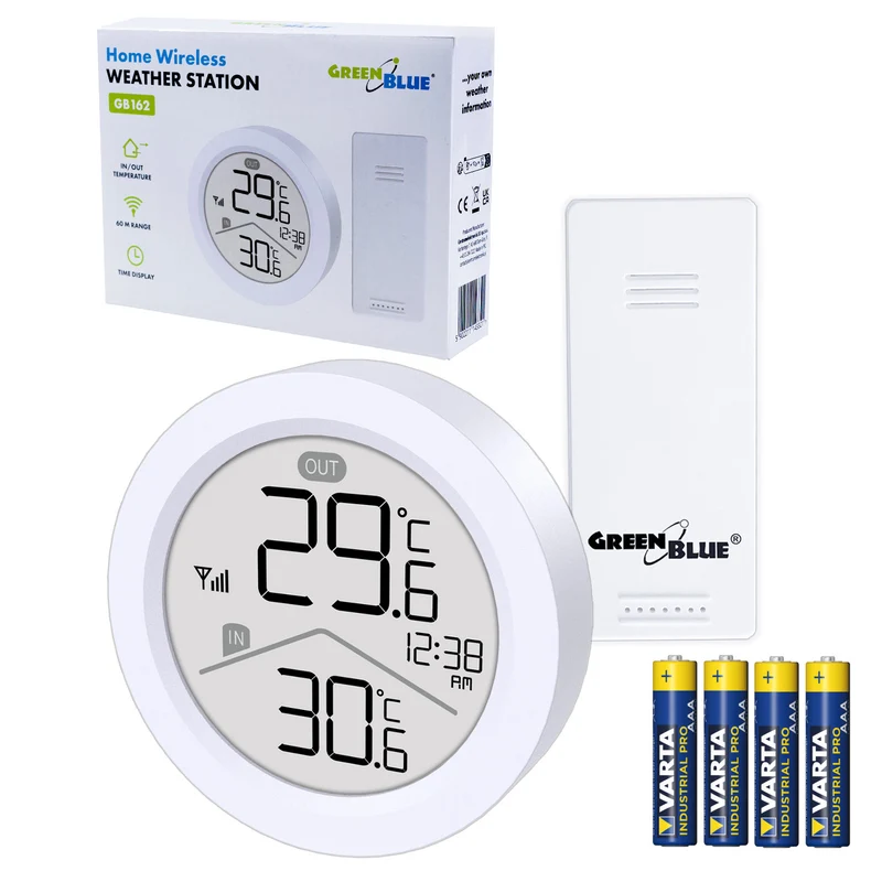 Drahtlose Wetterstation GreenBlue, Temperatur IN/OUT, Uhr, wahlweise °C / °F, Reichweite bis zu 60 m, GB162, 4x AAA-Batterie