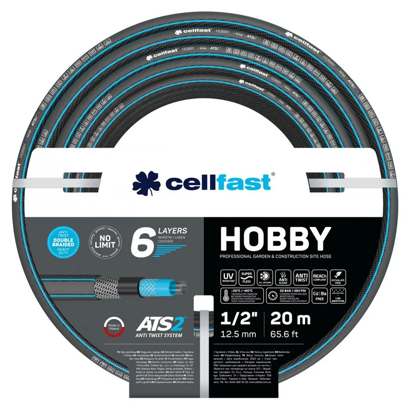 Cellfast HOBBY ATS2™ 6-lagiger Gartenschlauch Doppelgeflecht mit Kreuz- und Trikotgewebe UV-Strahlen- und Algenablagerungbeständig 1/2" 20 m