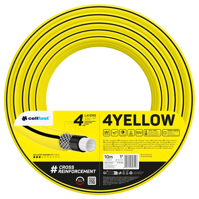 Cellfast-Gartenschlauch, 4-lagig, UV-beständig, Durchmesser 1", Länge 10 m, 4YELLOW
