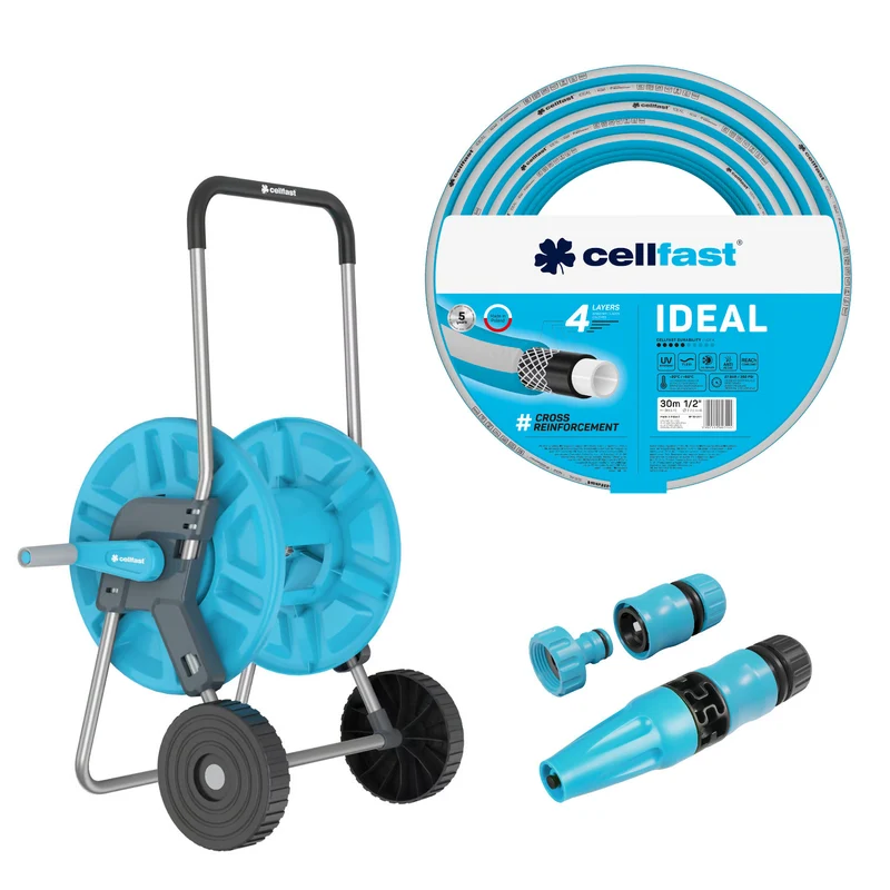 Cellfast Aluplus Schlauchwagen 1/2" 60 m + Cellfast IDEAL Gartenschlauch 1/2" 30 m + Set mit Cellfast Basic Sprühkopf 1/2"
