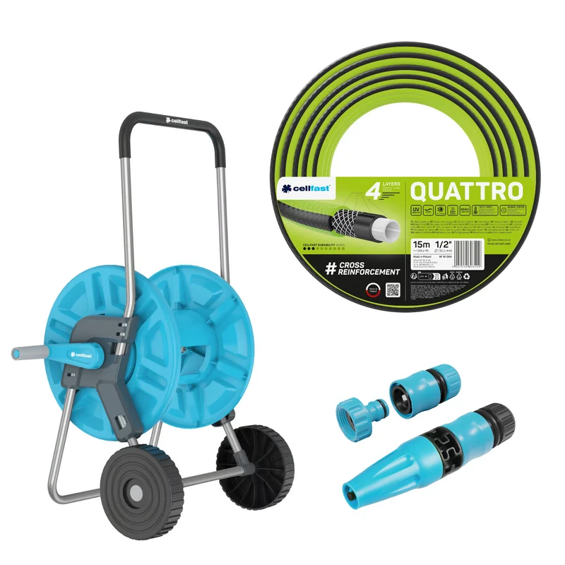 Cellfast Aluplus Schlauchwagen 1/2" 60 m + Cellfast Quattro Gartenschlauch 1/2" 15 m + Set mit Cellfast Basic Sprühkopf 1/2"